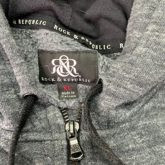 Rock & Republic Mens XL Gray Black Moto Sleeve Sweatshirt Hoodie Full Zip Jacket - Picture 3 of 8